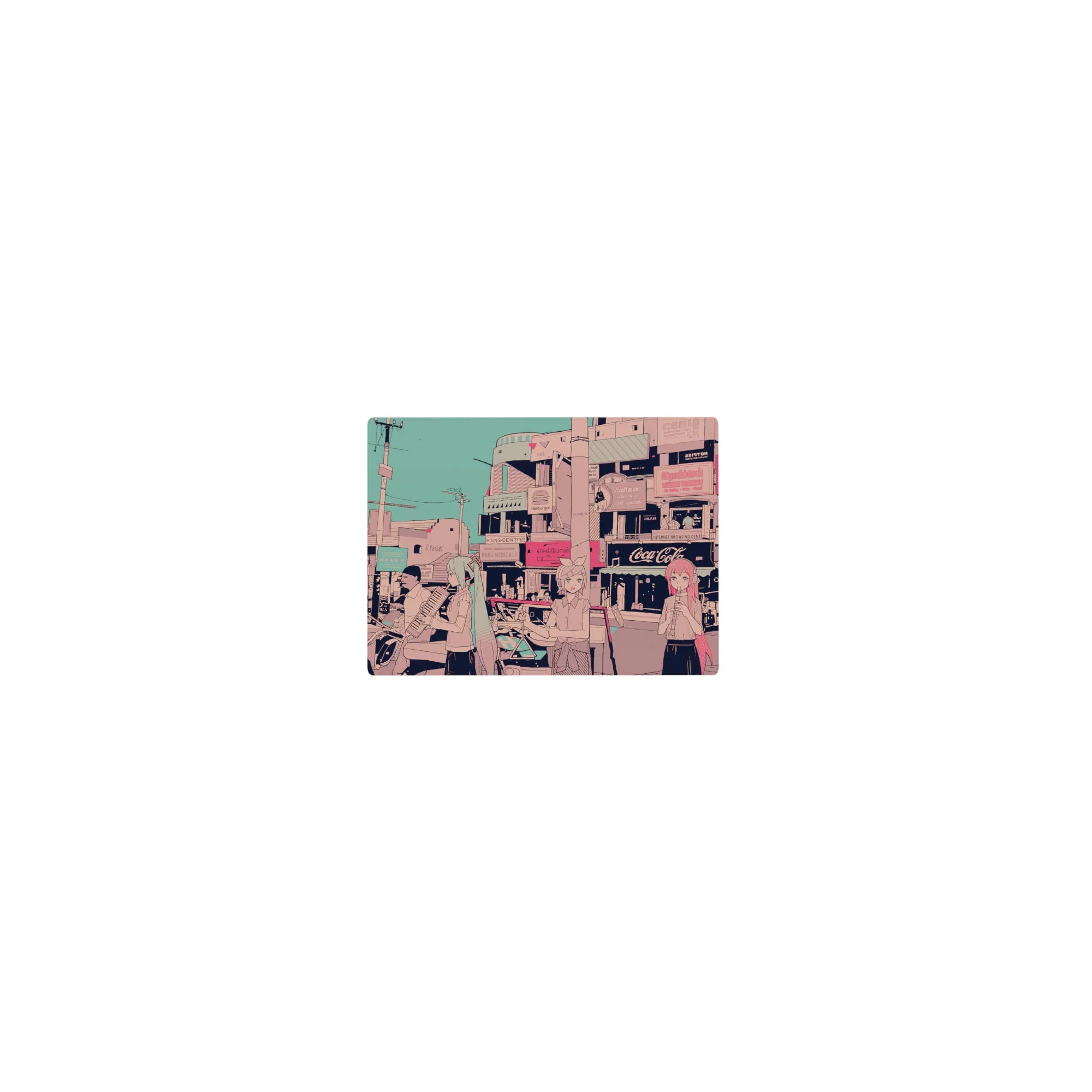 Classic anime mouse pad 14x10 inches with street-scene print of busking girls under candy-pink shop signs.