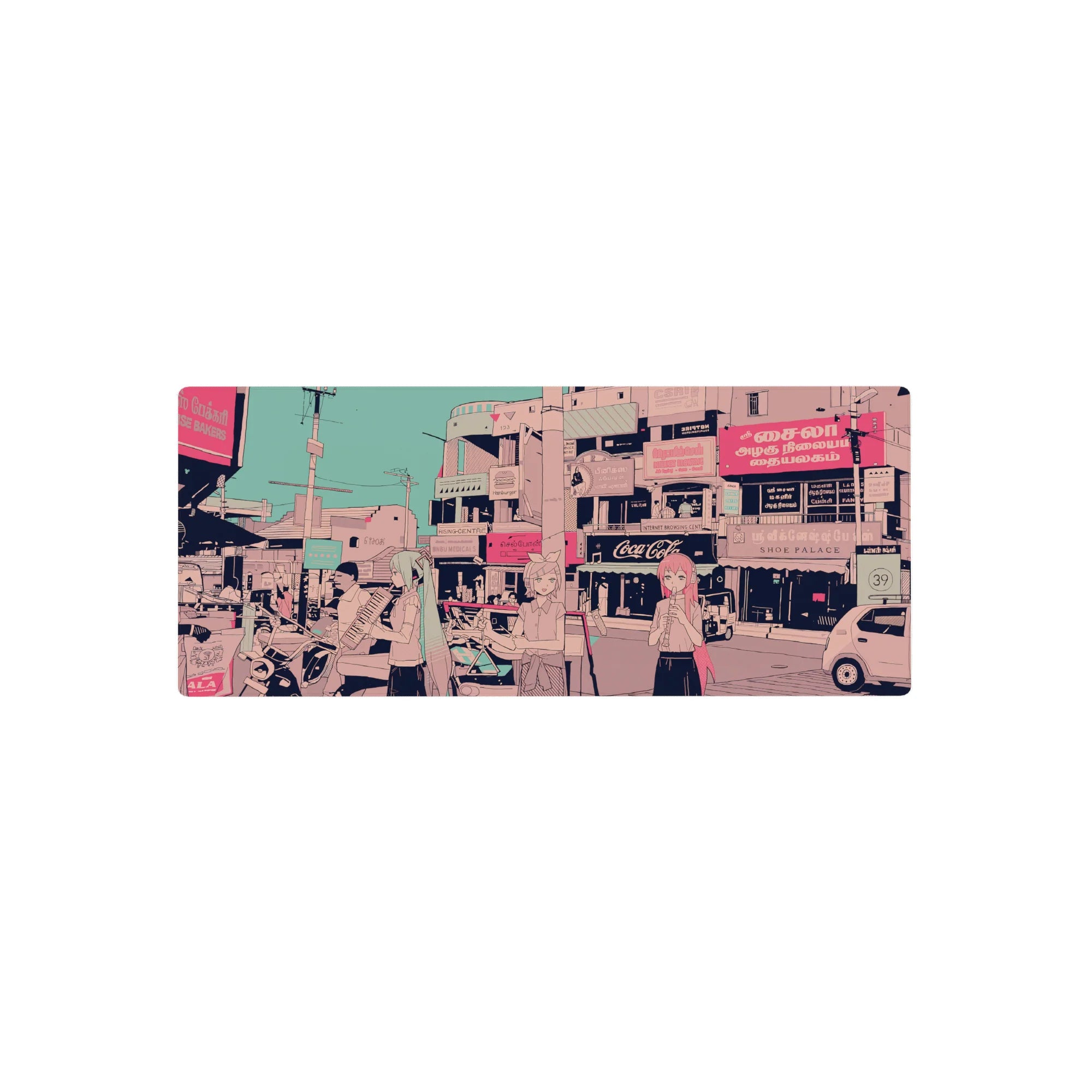 28x12 inches anime mouse pad with pastel-haired busking girls in a cozy street-scene city print.