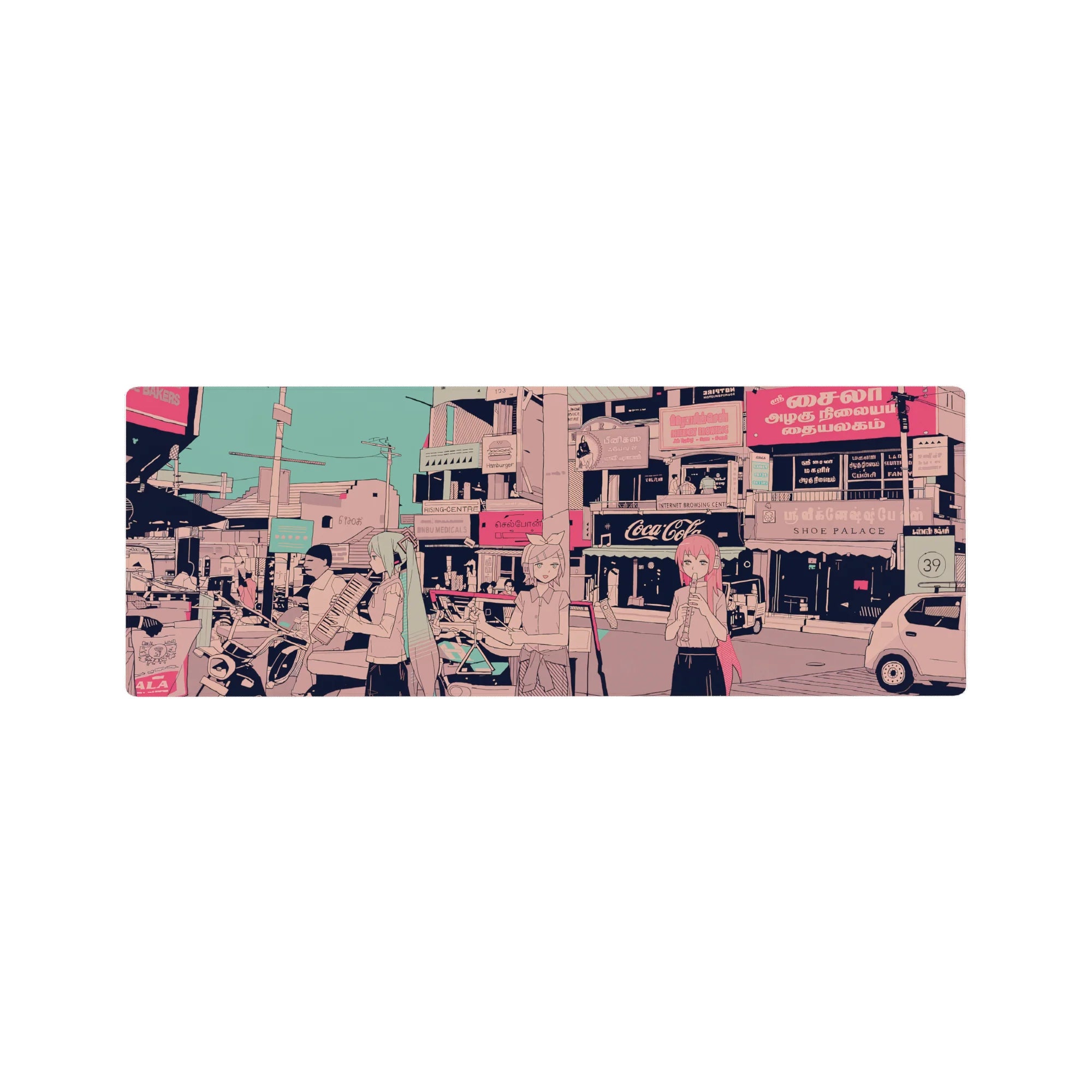 32x12 inches anime mouse pad with street-scene print of busking girls under candy-pink shop signs.