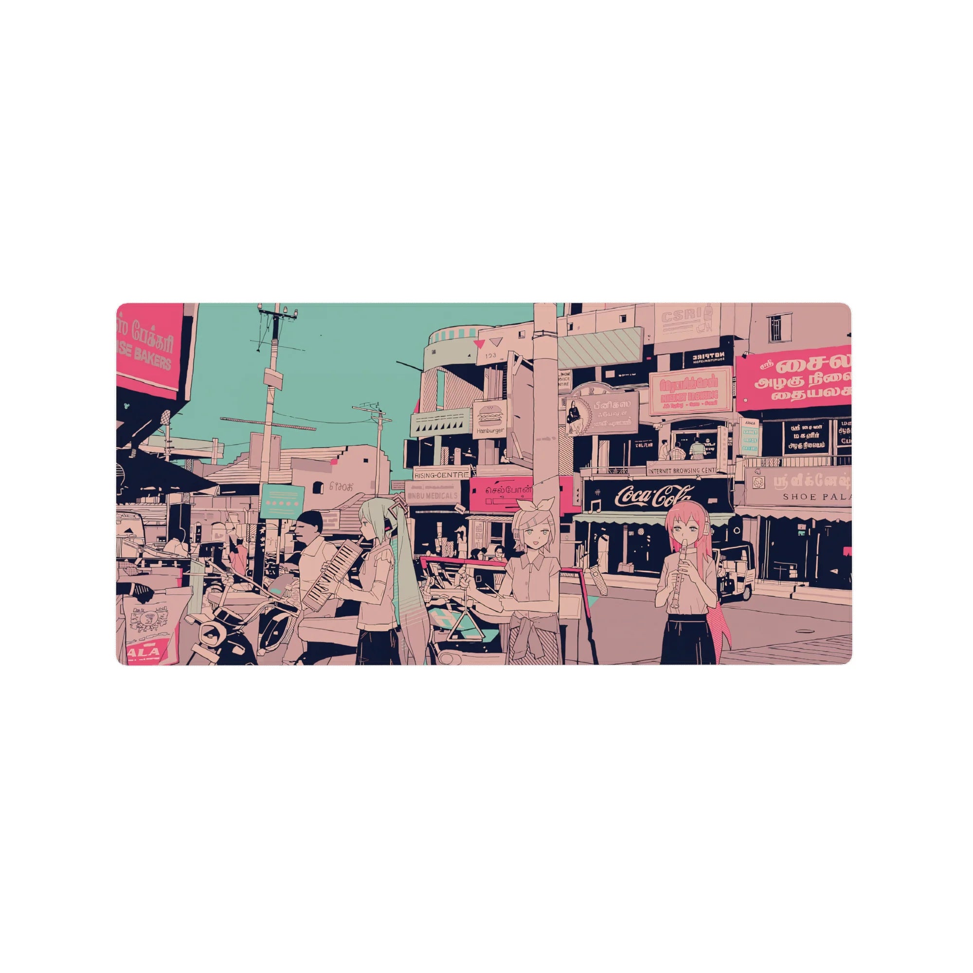Anime street-scene mouse pad 32x16 inches with pastel-haired girls busking under pink shop signs.