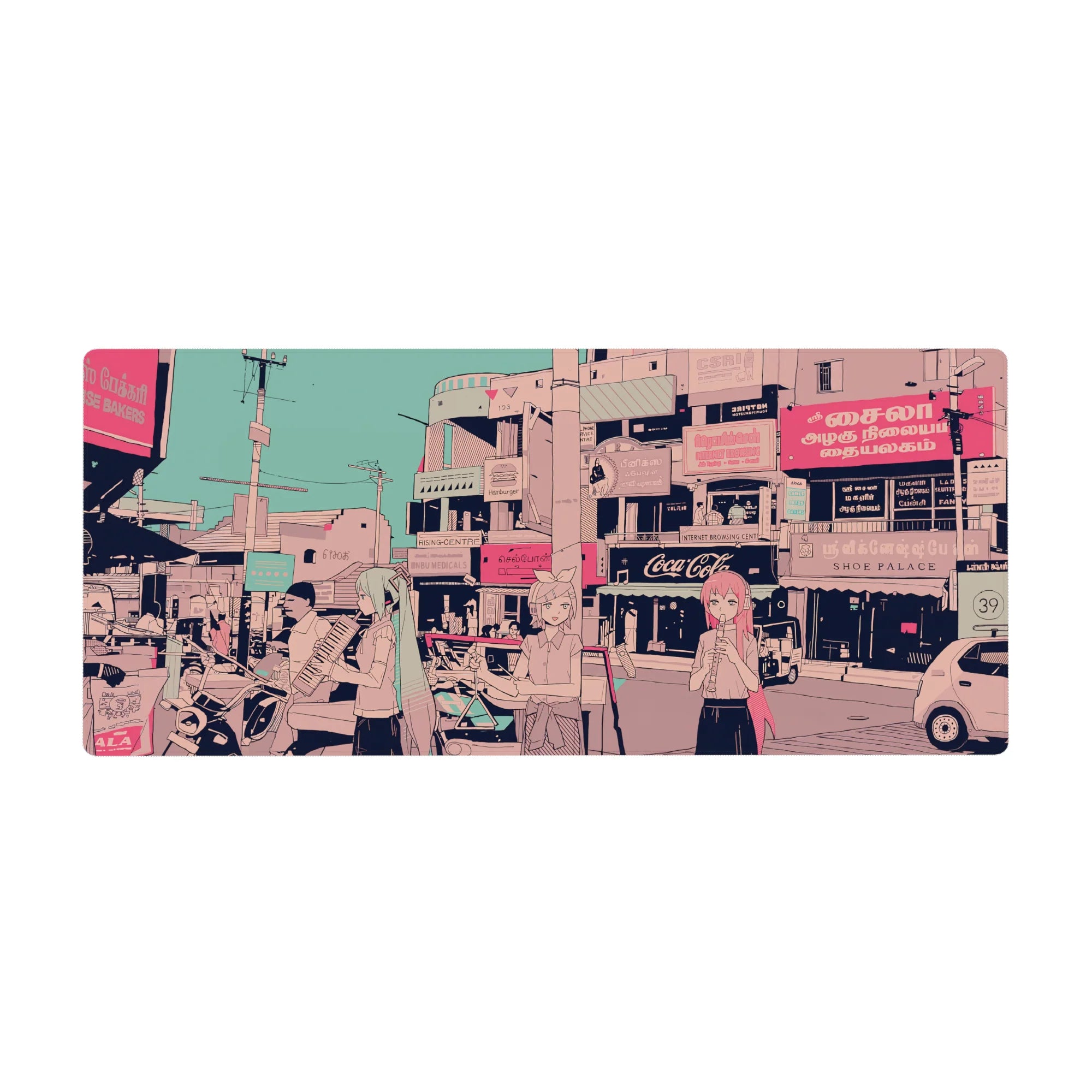 36x16 inches anime desk pad with pastel-haired girls busking in a cozy city street scene.