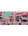 36x16 inches anime desk pad with pastel-haired girls busking in a cozy city street scene.