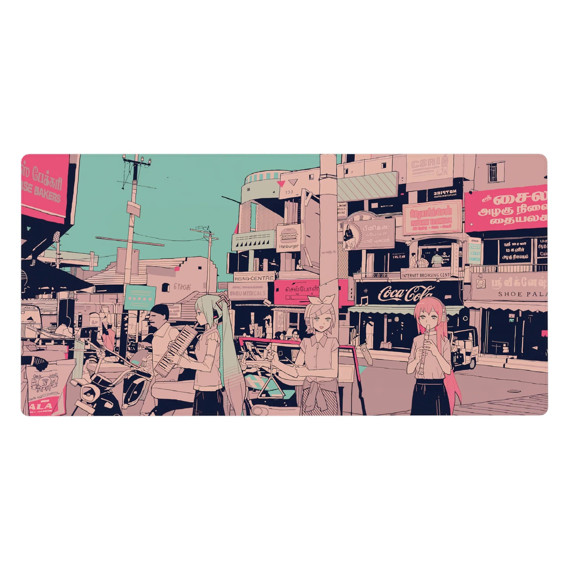 40x20 inches anime desk pad with pastel-haired busking girls on a cozy city street, crisp dreamy line art.