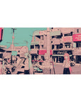 40x20 inches anime desk pad with pastel-haired busking girls on a cozy city street, crisp dreamy line art.