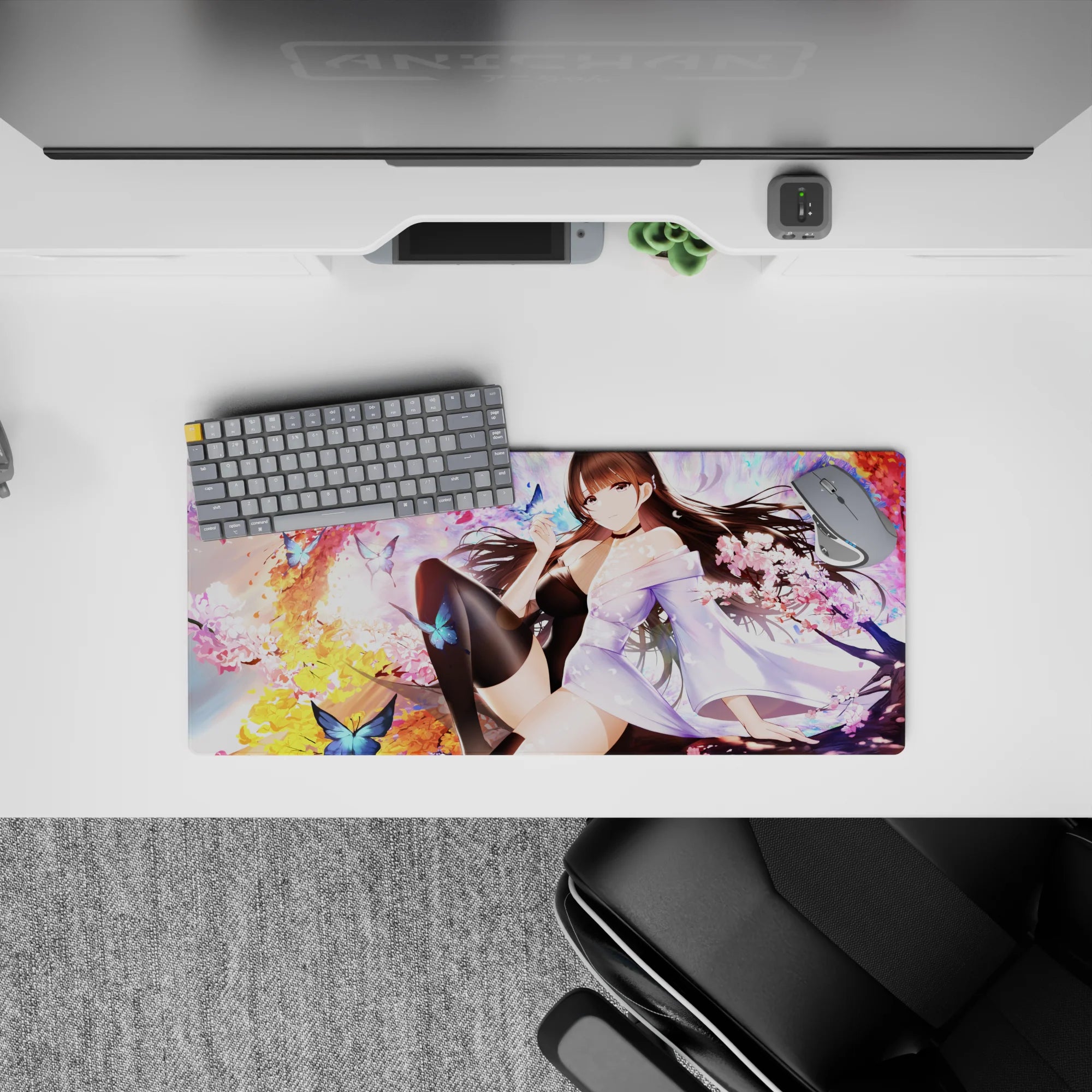 28x12 inches anime mouse pad in cherry blossom pink and sunset gold with dreamy romance mood and blue butterflies.