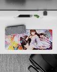 28x12 inches anime mouse pad in cherry blossom pink and sunset gold with dreamy romance mood and blue butterflies.
