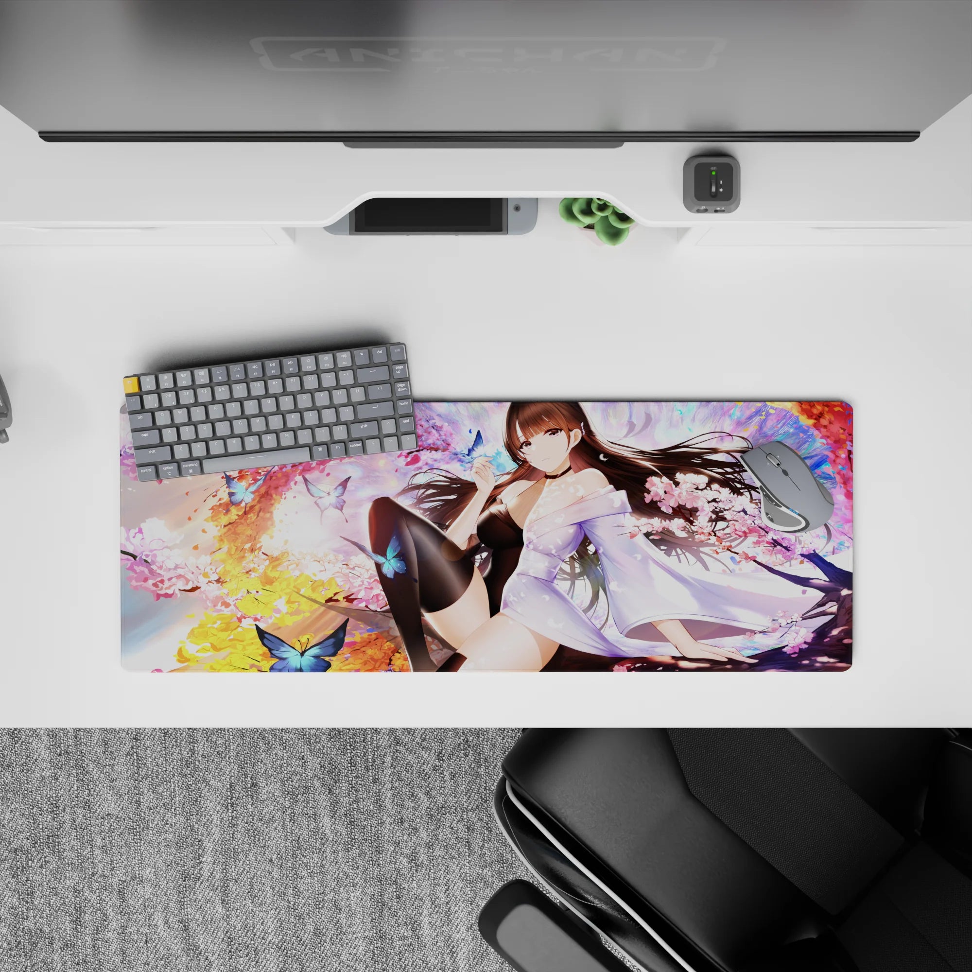 32x12 inches anime desk mouse pad in cherry blossom pink and sunset gold with dreamy romance vibe.