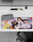 32x12 inches anime desk mouse pad in cherry blossom pink and sunset gold with dreamy romance vibe.