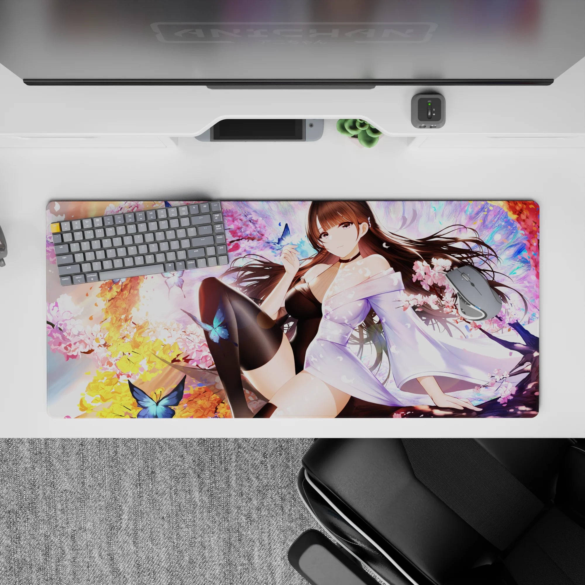 36x16 inches dreamy romance desk pad in cherry blossom pinks, sunset gold splashes, and blue butterflies.