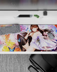 36x16 inches dreamy romance desk pad in cherry blossom pinks, sunset gold splashes, and blue butterflies.