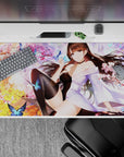 Dreamy romance desk pad 40x20 inches in cherry blossom pink and sunset gold with fluttering blue butterflies.