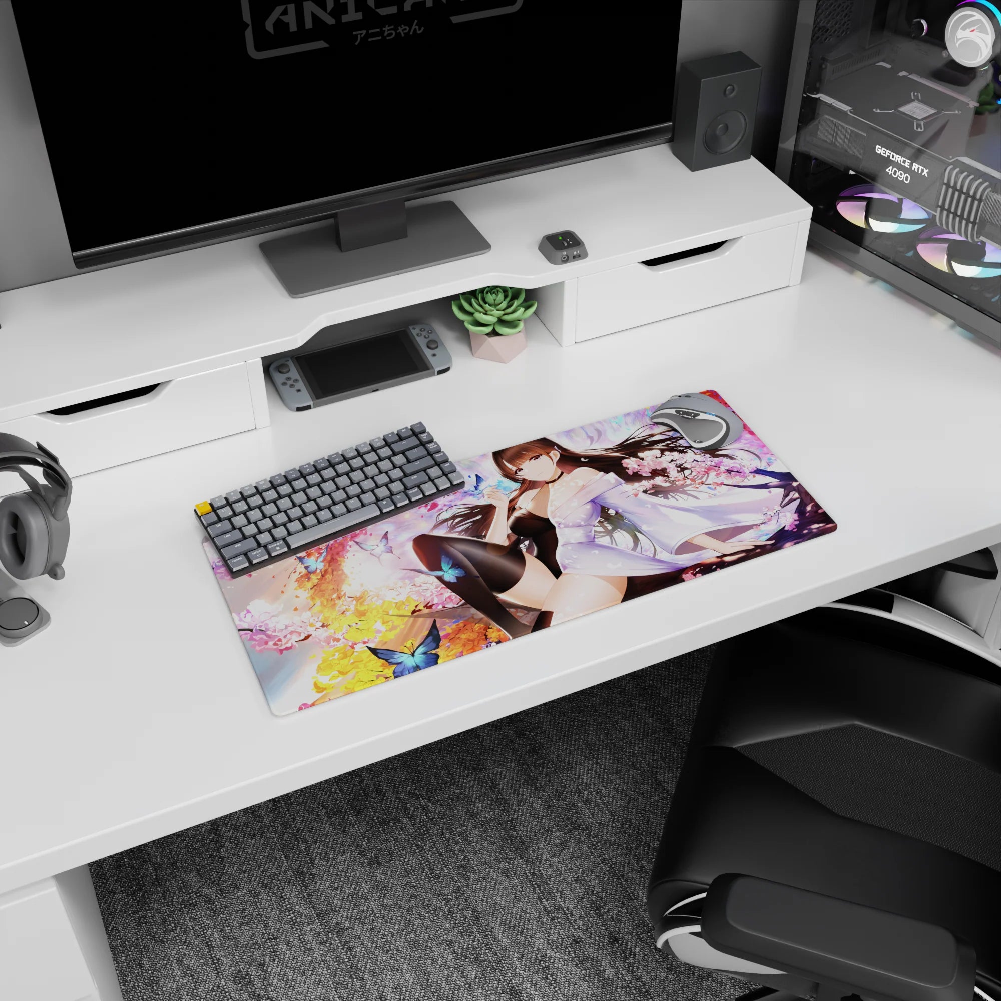 28x12 inches desk mouse pad showing a dark-haired anime girl in a slipping kimono with glossy black stockings.