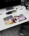 28x12 inches desk mouse pad showing a dark-haired anime girl in a slipping kimono with glossy black stockings.