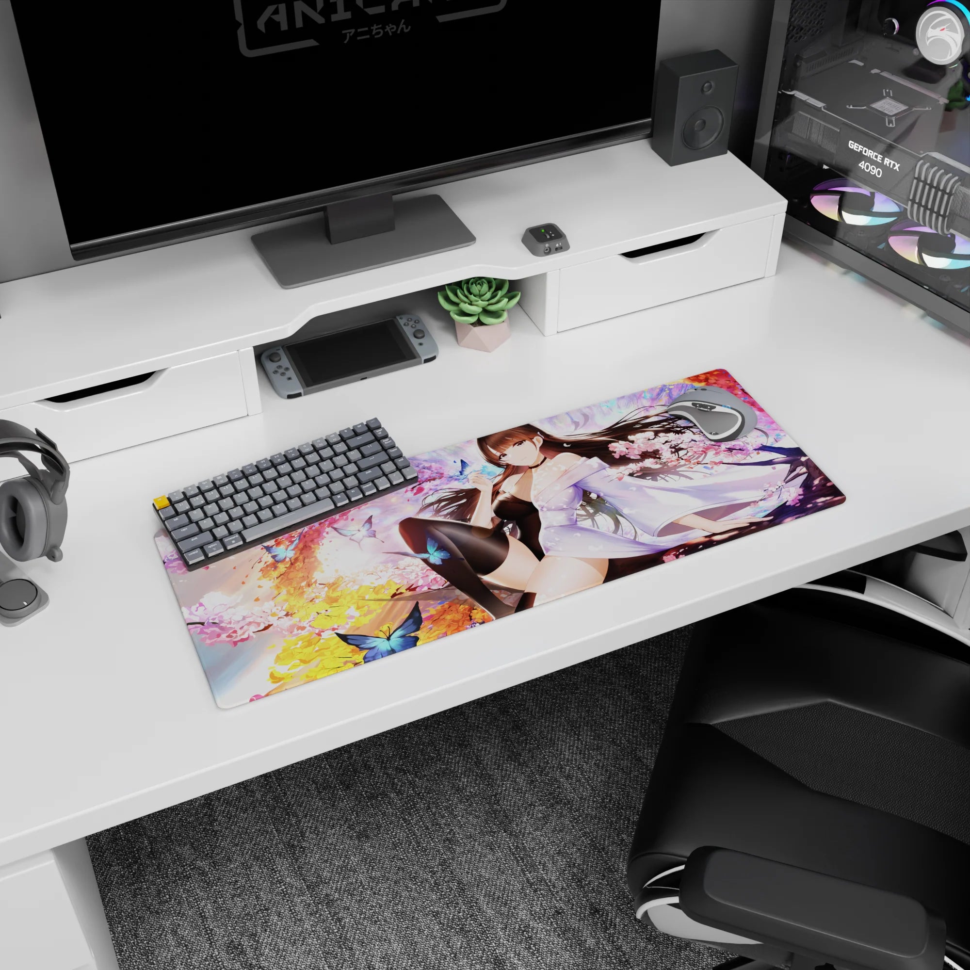 32x12 inches anime girl mouse pad showing long dark hair, slipping kimono, and glossy black stockings.