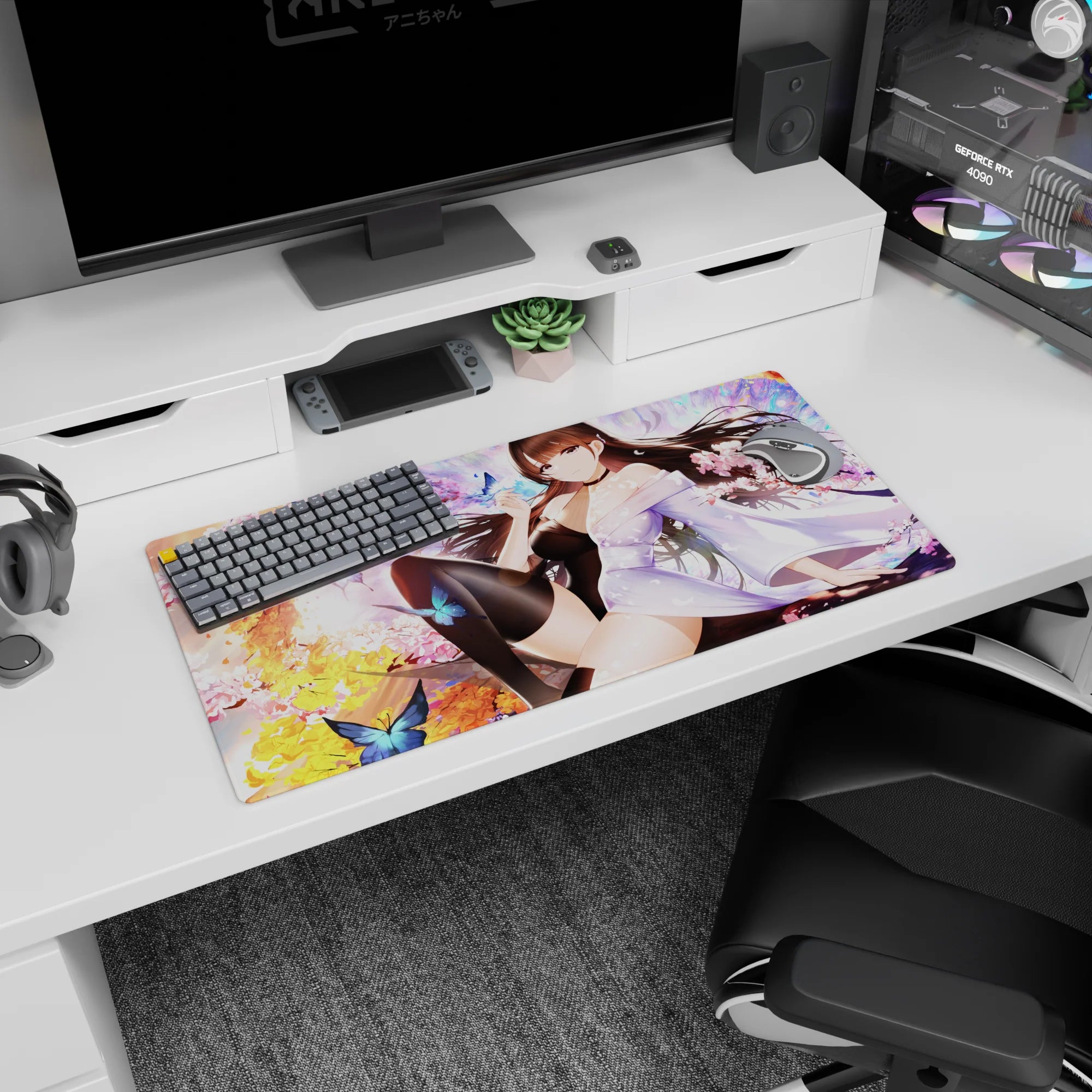 32x16 inches mouse pad featuring long dark-haired anime girl, loose kimono, black stockings, butterflies.