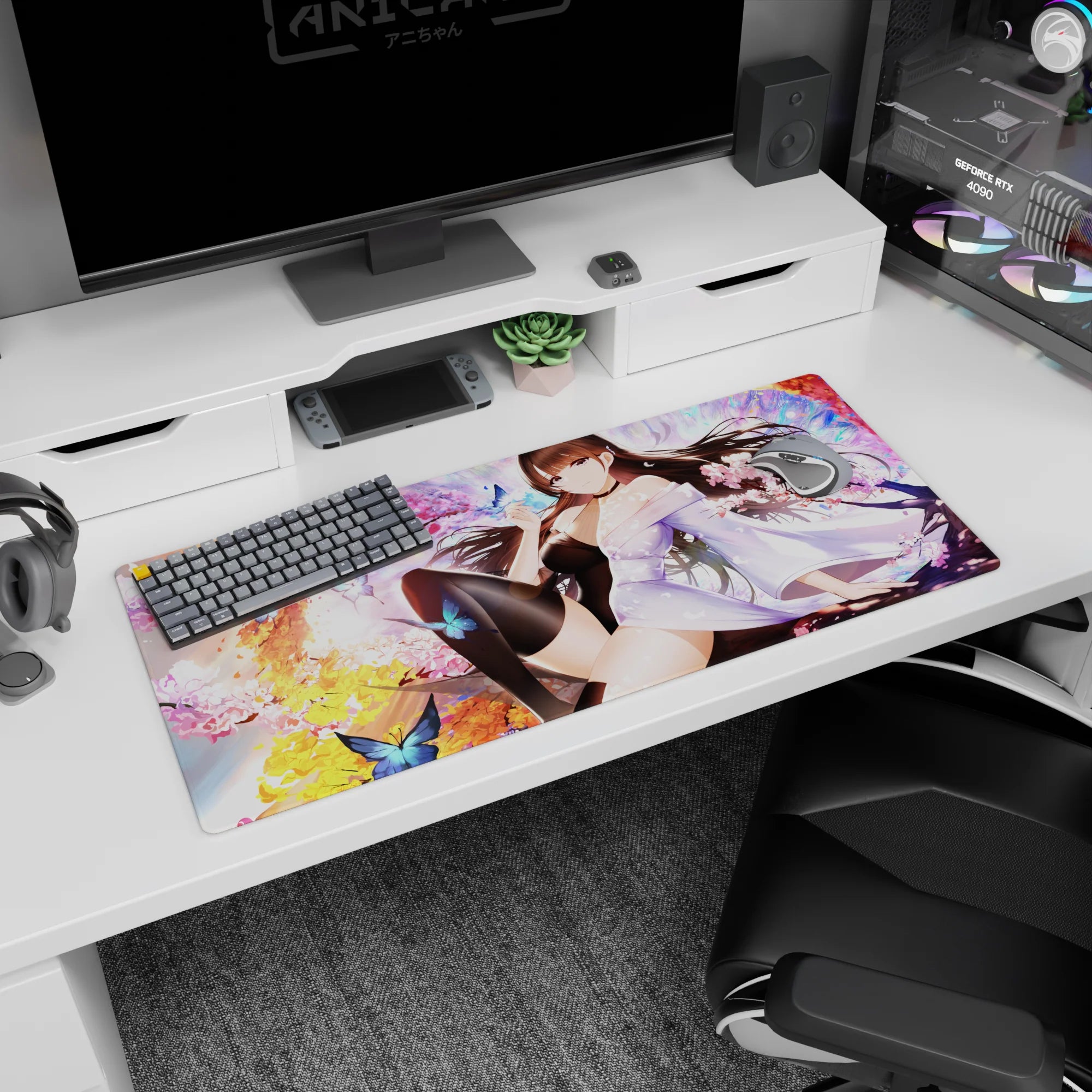 36x16 inches desk pad showing long-haired anime girl in loose kimono with glossy black stockings.