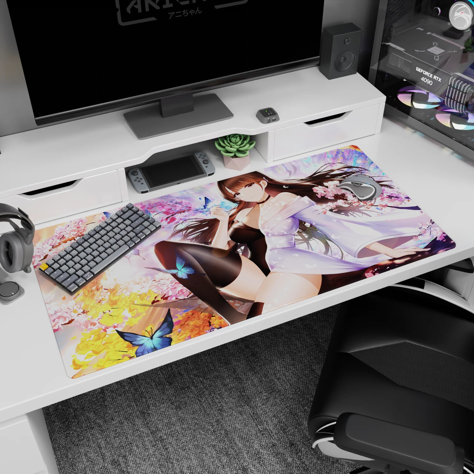 Long-haired anime girl desk pad 40x20 inches, kimono slipping off one shoulder, glossy black stockings.