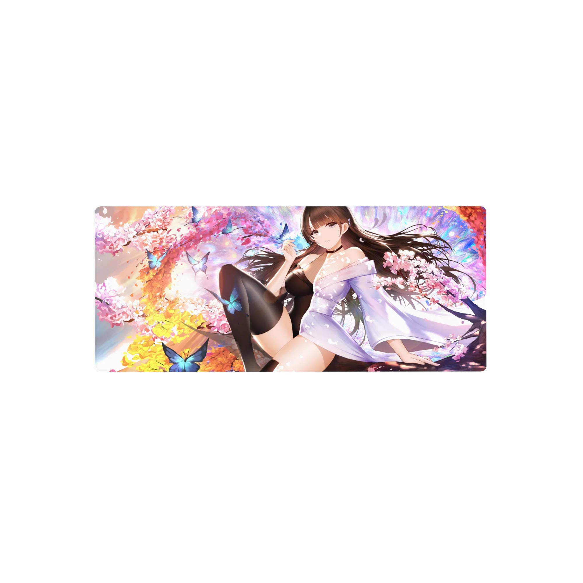 28x12 inches anime girl mouse pad with kimono art, long dark hair, butterflies, and black stockings.