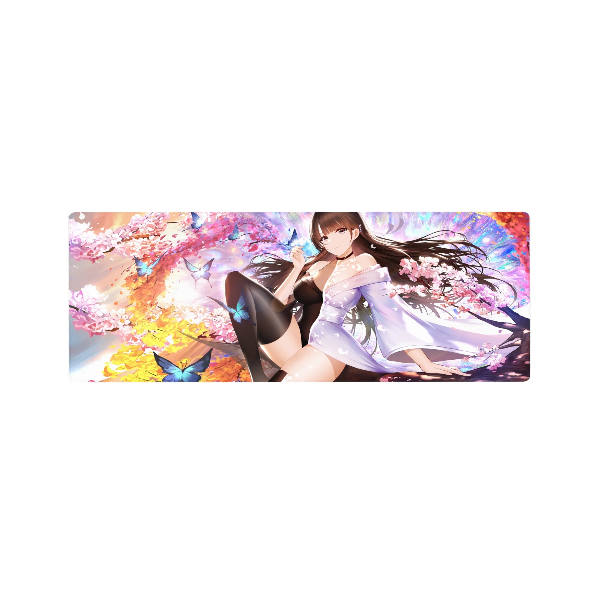 32x12 inches anime girl mouse pad with kimono beauty, cherry blossoms, butterflies, and dark hair art.