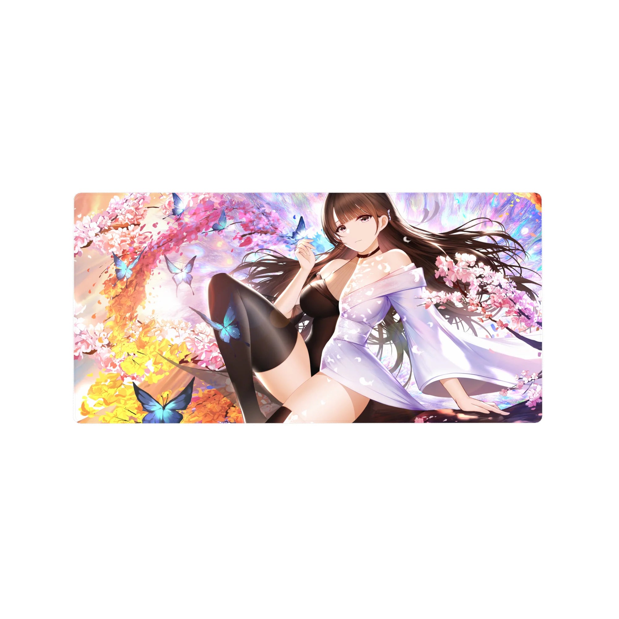 32x16 inches anime girl mouse pad with kimono beauty, cherry blossoms, and blue butterflies design.