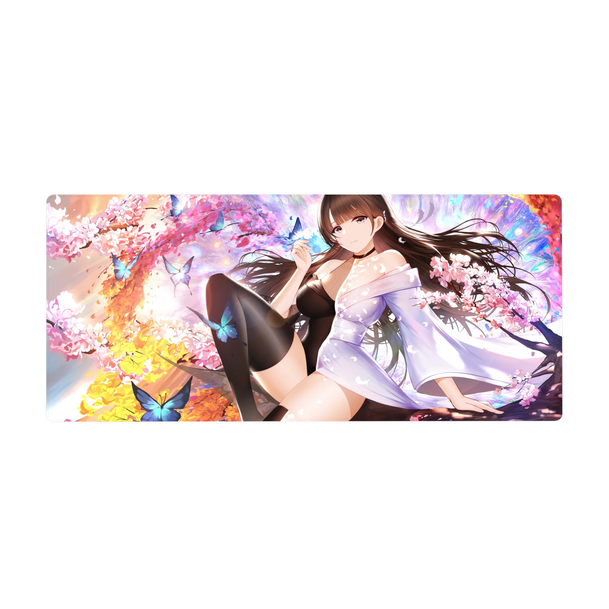 36x16 inches anime girl desk pad with cherry blossoms, butterflies, kimono detail, and black stockings.