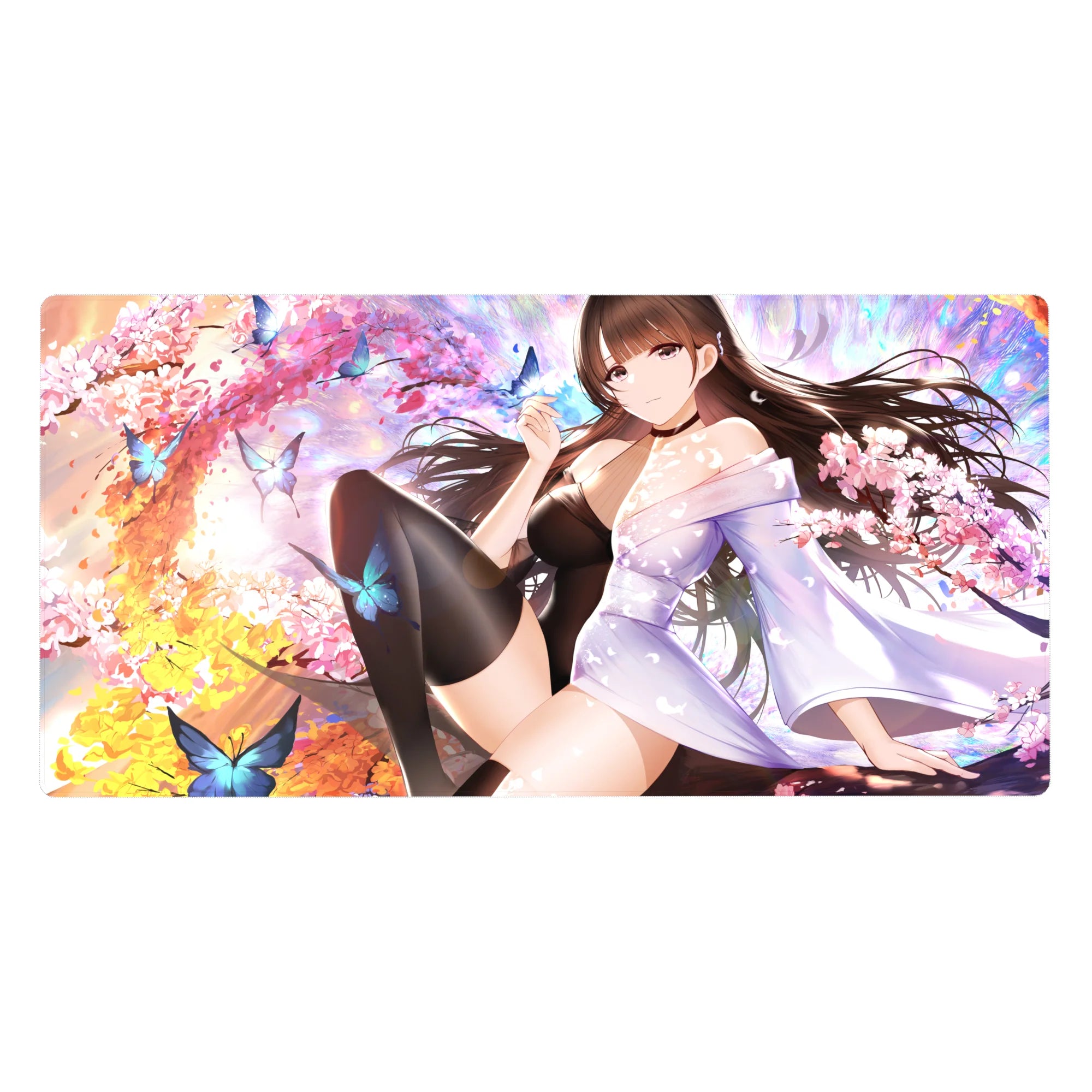 Anime girl desk pad 40x20 inches with kimono art, butterflies, cherry blossoms, and black stockings.