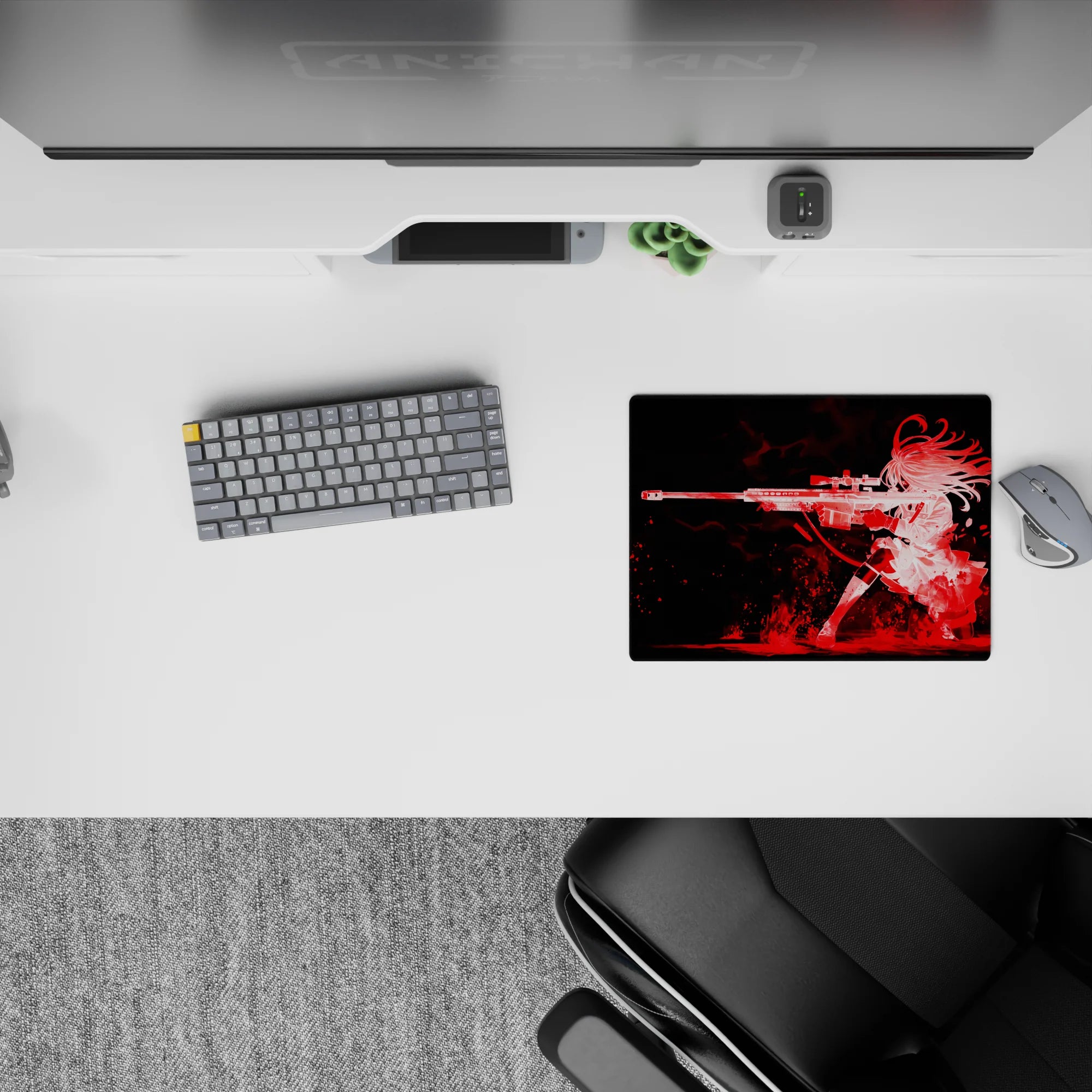 Red and black anime mouse pad, 14x10 inches, smoky crimson splashes with a fast, dangerous vibe.