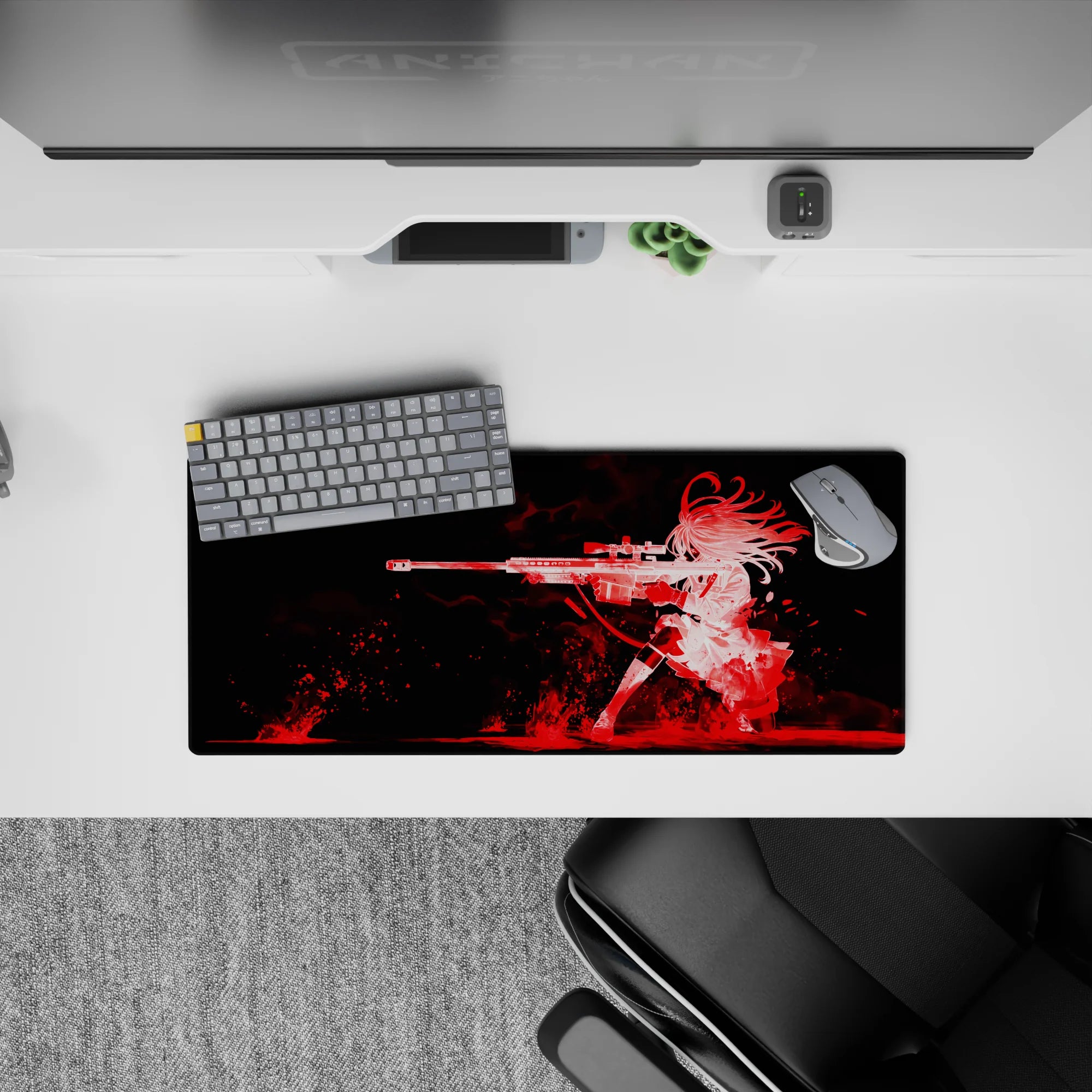 28x12 inches anime mouse pad in crimson and deep black with smoky streaks, fast dangerous dreamy vibe.