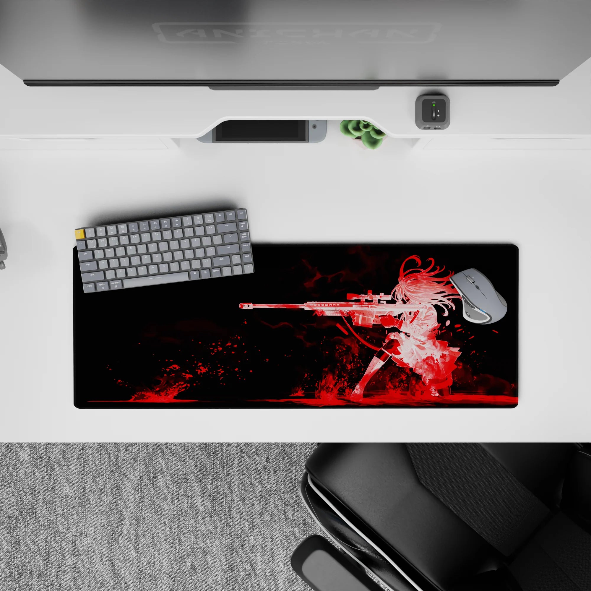 32x12 inches anime girl mouse pad in red-on-black chaos, smoky crimson streaks, fast dangerous dreamy vibe.