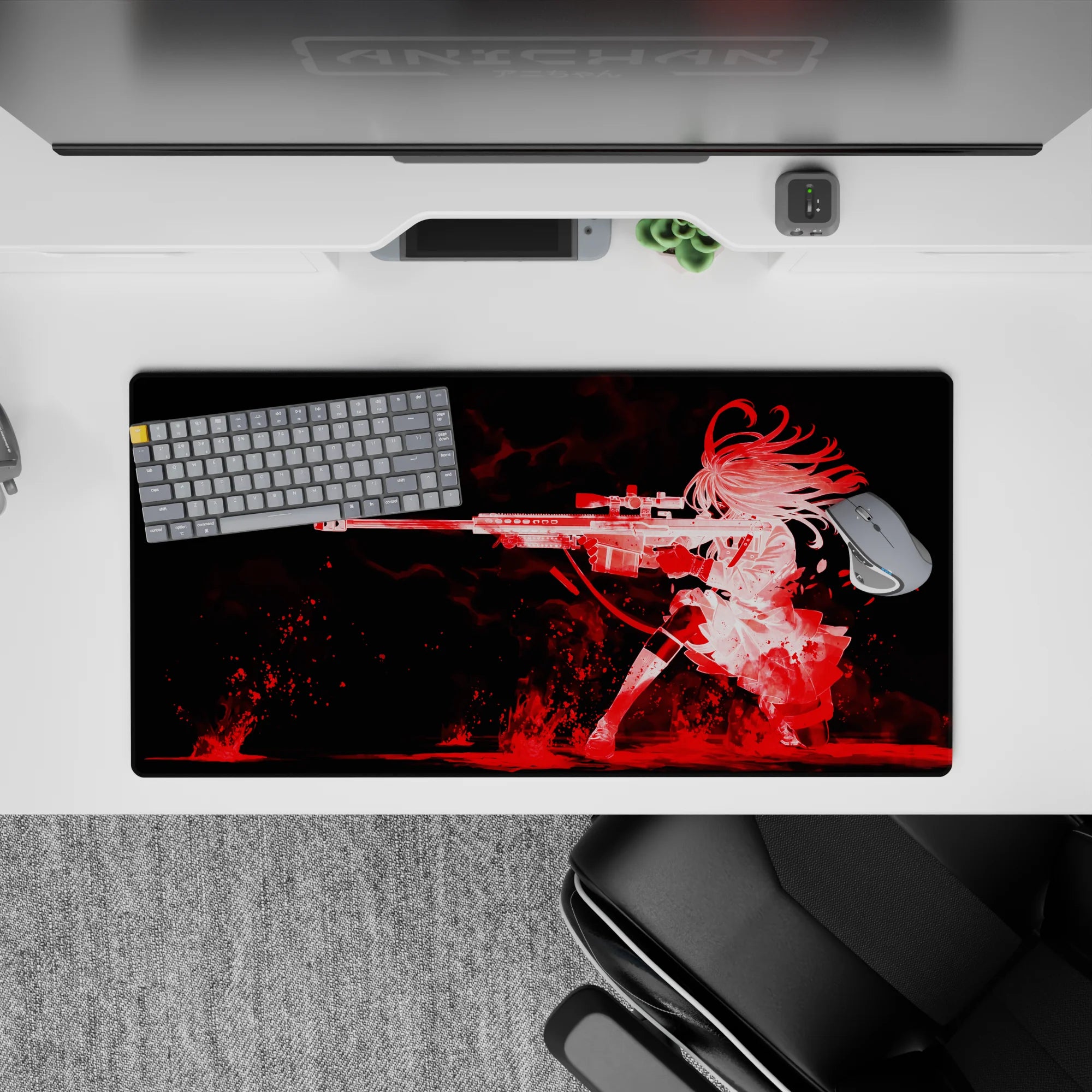 Red-on-black anime mouse pad 32x16 inches with crimson splashes, smoky streaks, fast dangerous vibe.