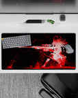 Red-on-black anime mouse pad 32x16 inches with crimson splashes, smoky streaks, fast dangerous vibe.