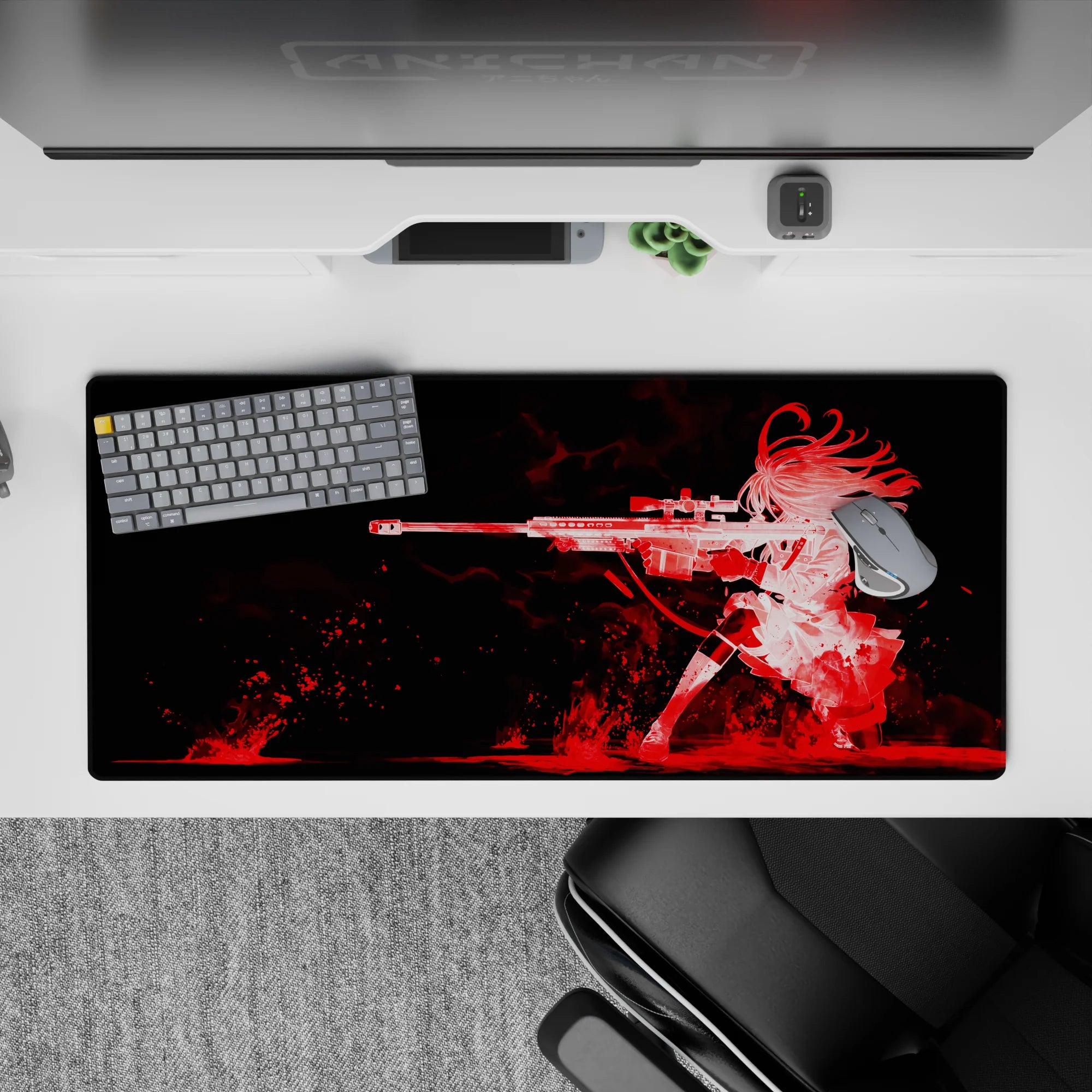Red-on-black anime girl desk pad 36x16 inches with crimson splashes and smoky streaks, edgy vibe.