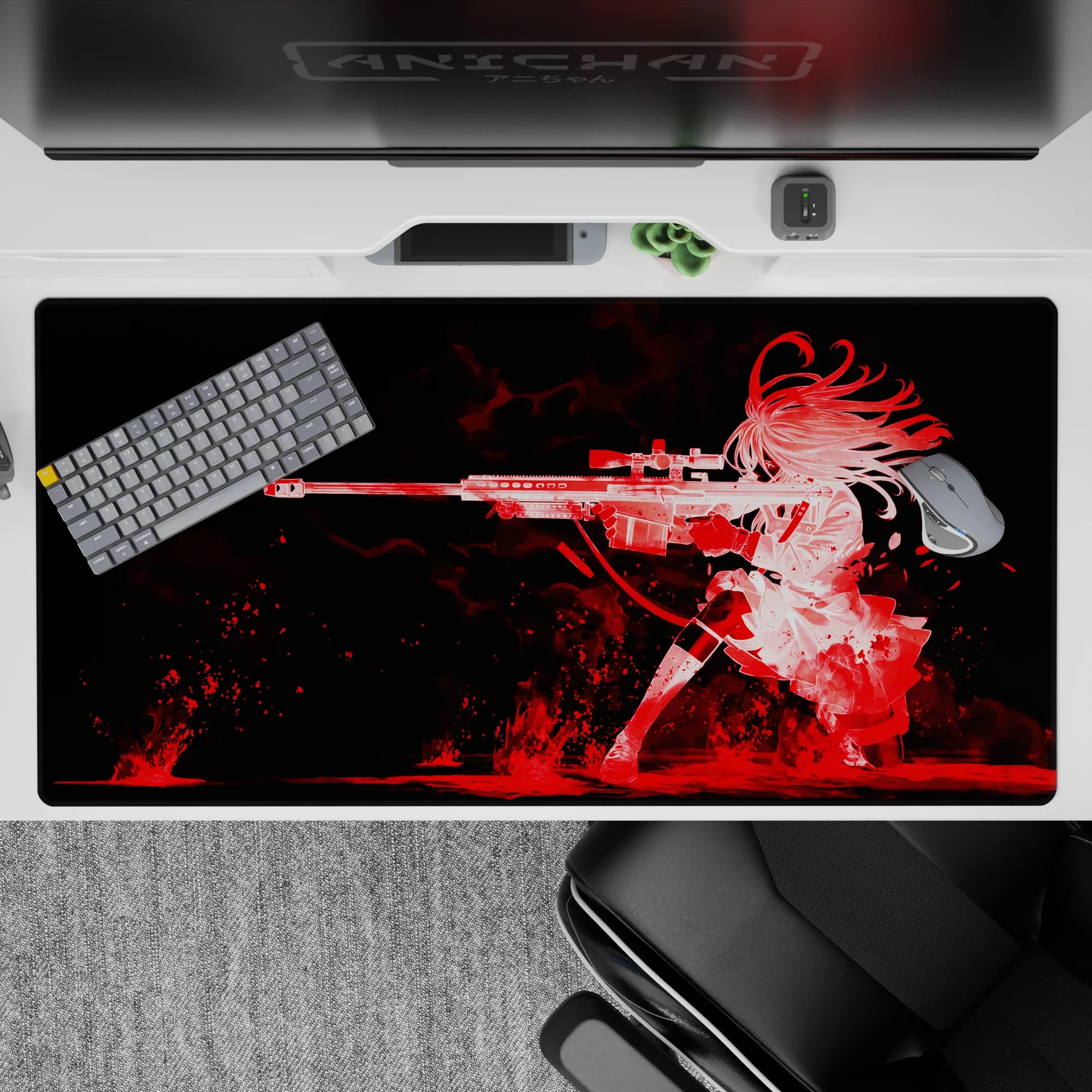 40x20 inches anime desk pad in crimson-on-black, smoky red streaks and chaotic splashes for a dark edgy vibe.