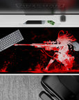 40x20 inches anime desk pad in crimson-on-black, smoky red streaks and chaotic splashes for a dark edgy vibe.
