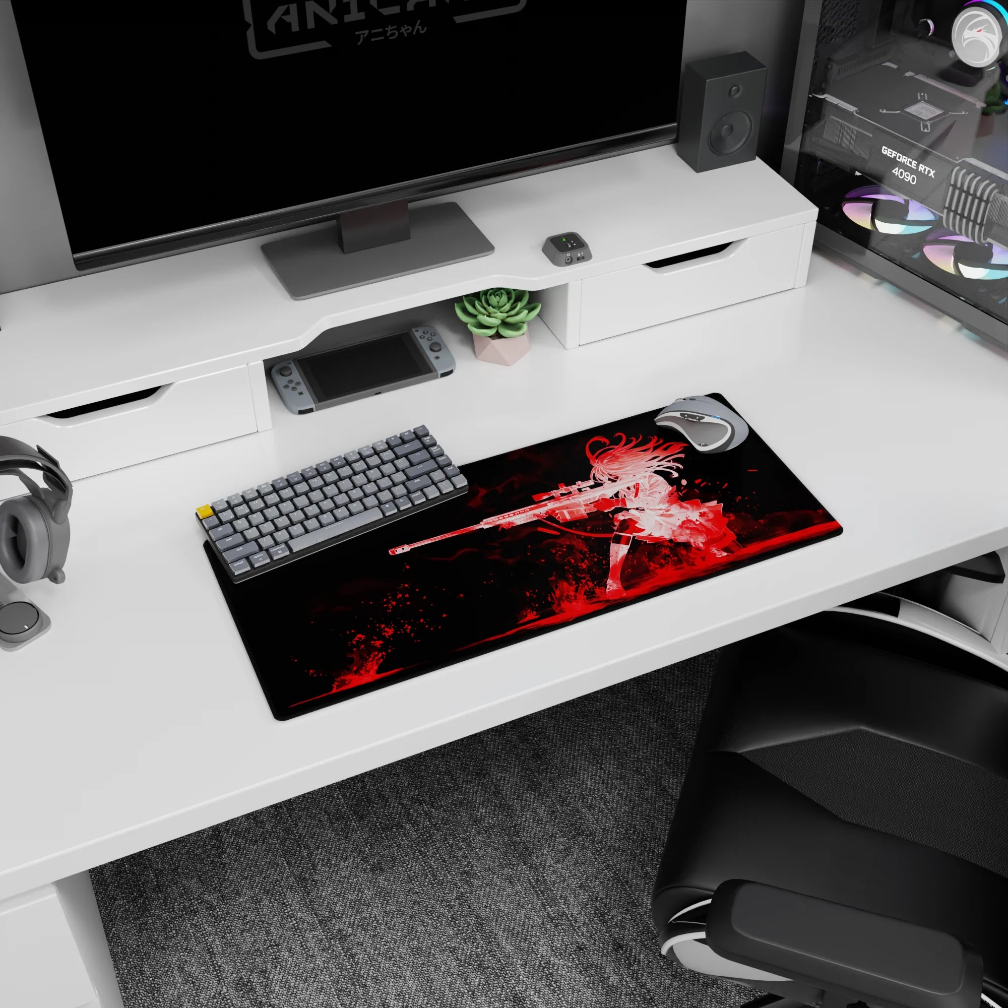 28x12 inches mouse pad featuring a fierce anime girl kneeling with a long sniper rifle, hair like flame.
