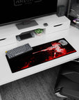 32x12 inches anime girl mouse pad showing fierce girl kneeling with a long sniper rifle, hair like flame.