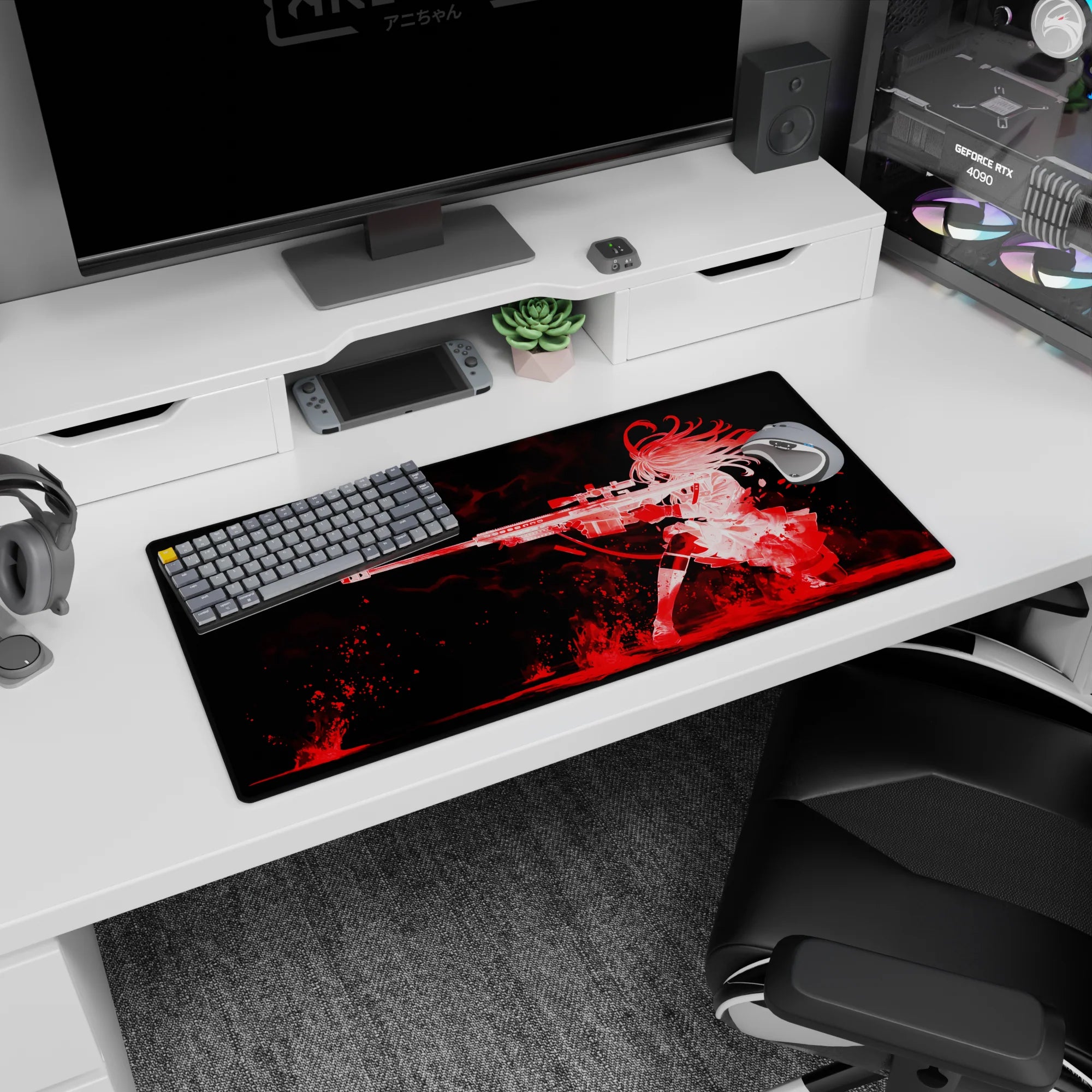 Kneeling anime girl with flowing hair and long sniper rifle on mouse pad 32x16 inches, dramatic scene.
