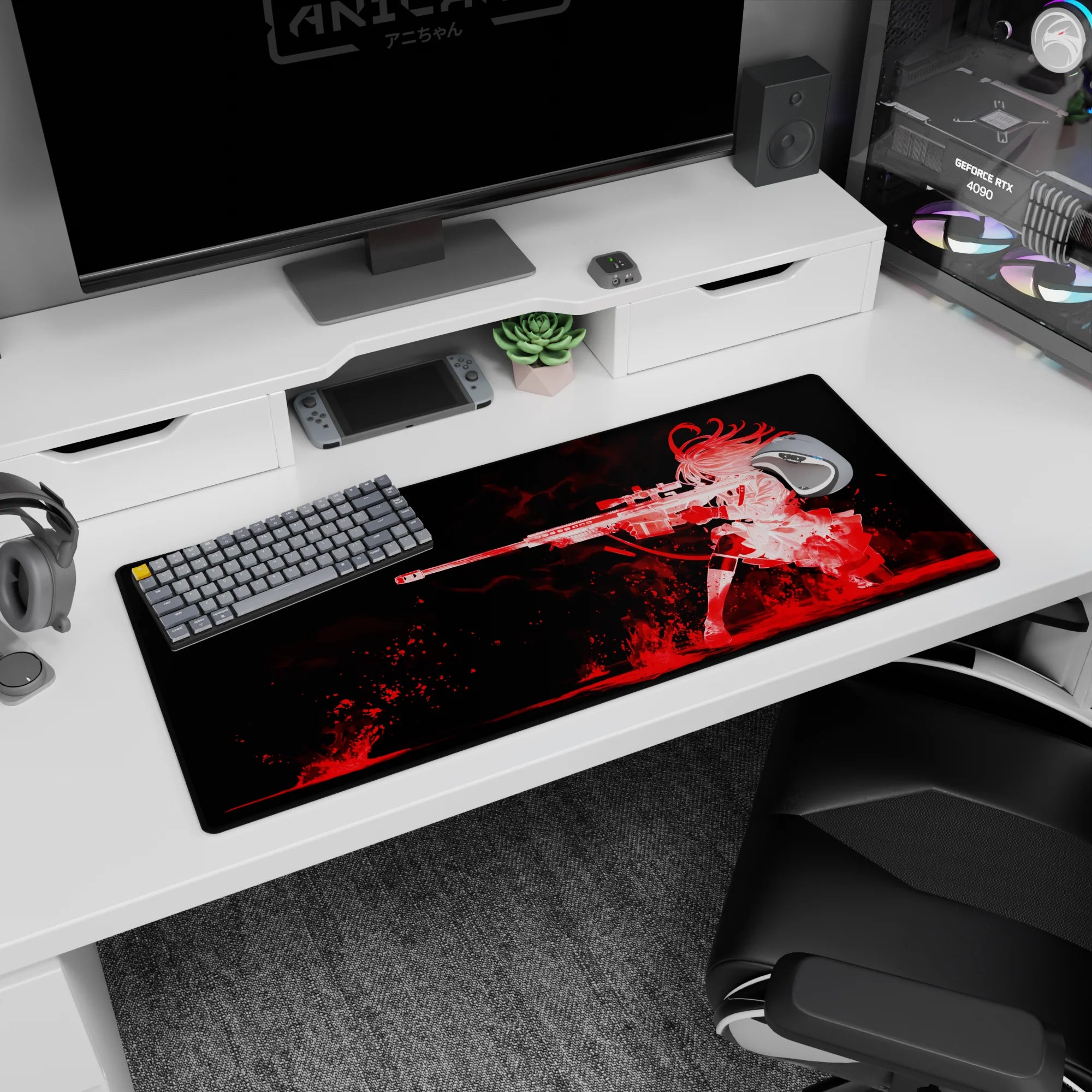Anime girl kneeling with long sniper rifle desk pad 36x16 inches, fiery hair whipping in motion.