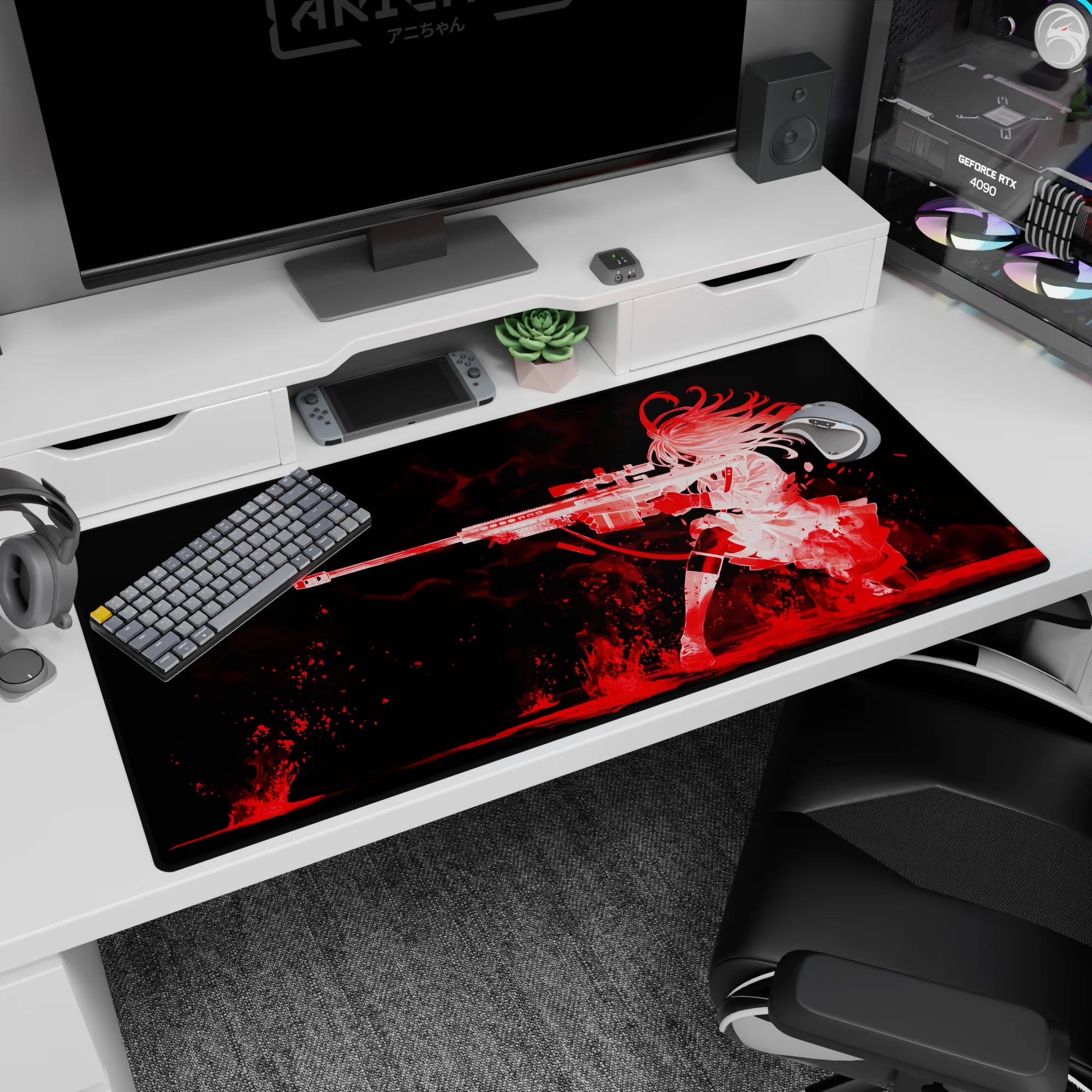 40x20 inches desk pad showing a fierce anime girl kneeling with a long sniper rifle, hair whipping like flame.
