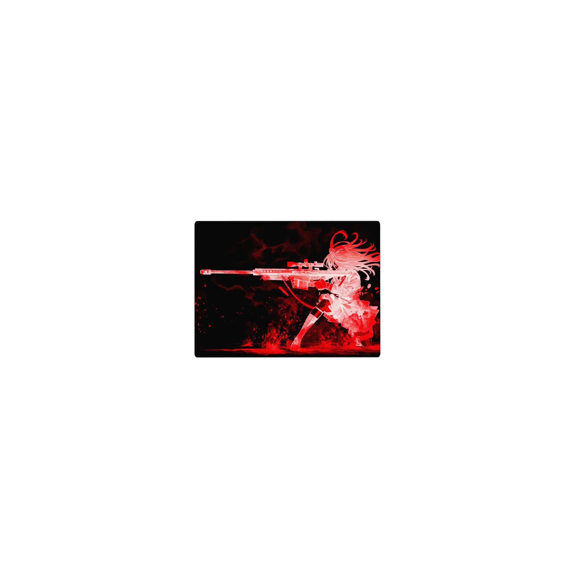 Classic anime girl sniper rifle silhouette mouse pad, 14x10 inches, bold red-on-black artwork.
