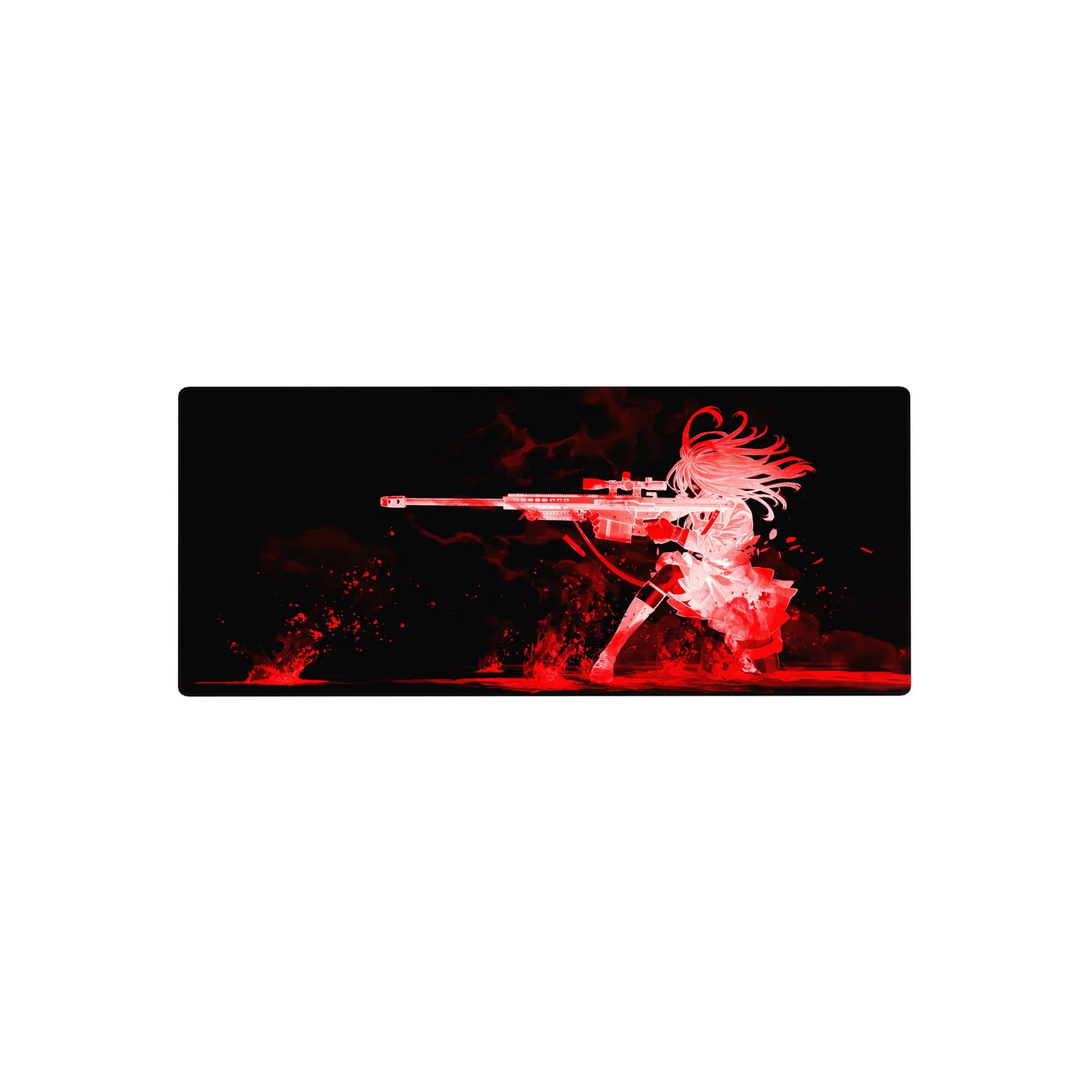 28x12 inches anime girl mouse pad with kneeling sniper silhouette, fiery hair, bold red-on-black art.