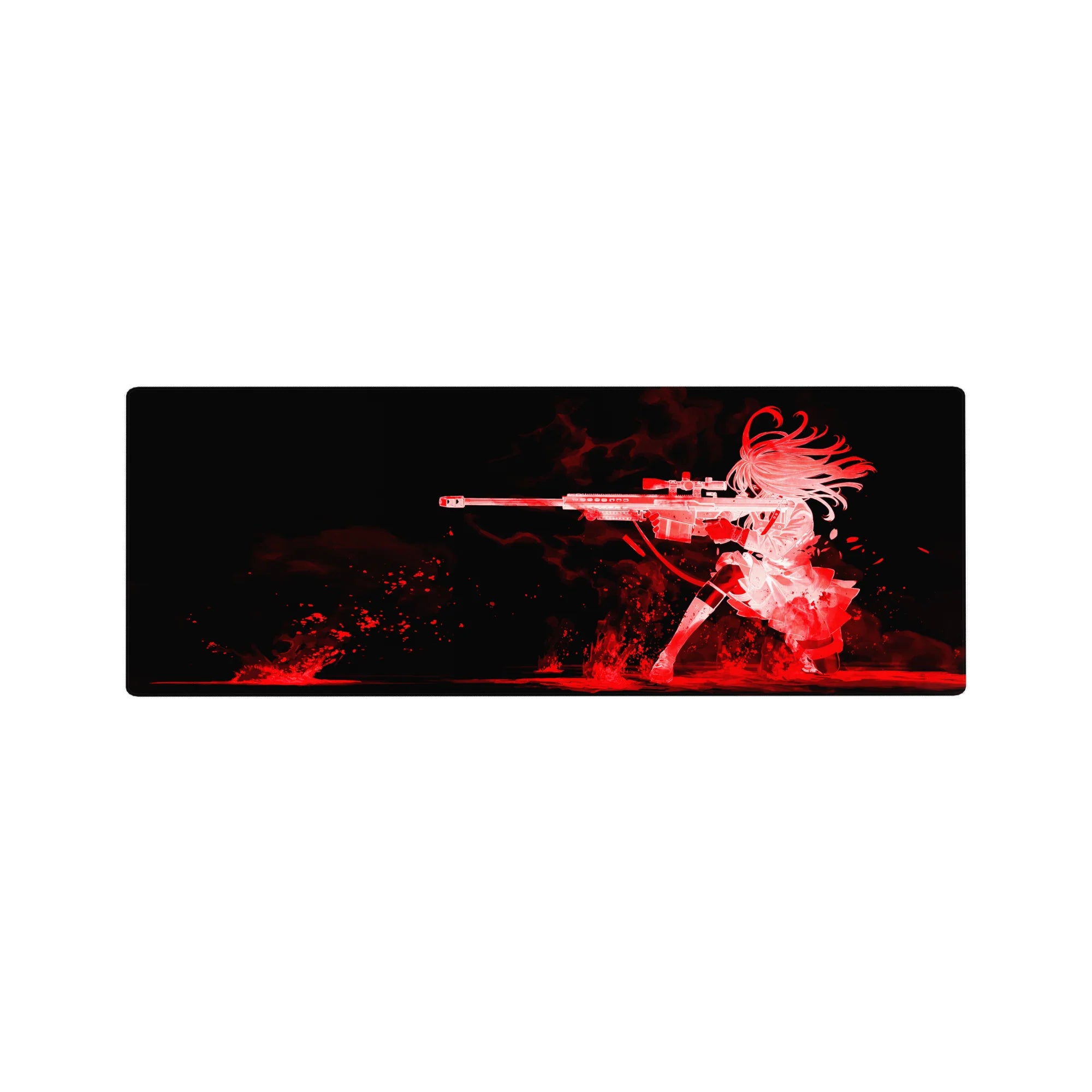 32x12 inches anime girl mouse pad with kneeling sniper and bold silhouette art on a black background.