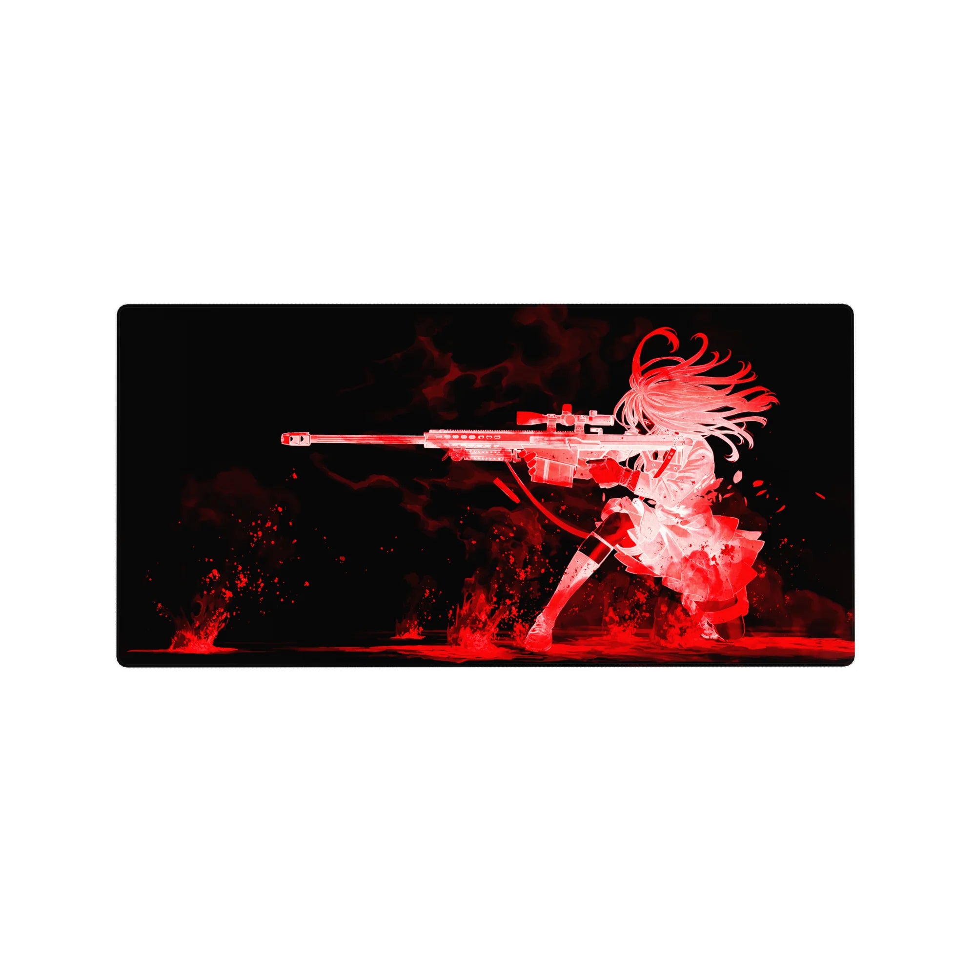 Anime girl sniper rifle design extended mouse pad 32x16 inches, bold silhouette art on black backdrop.