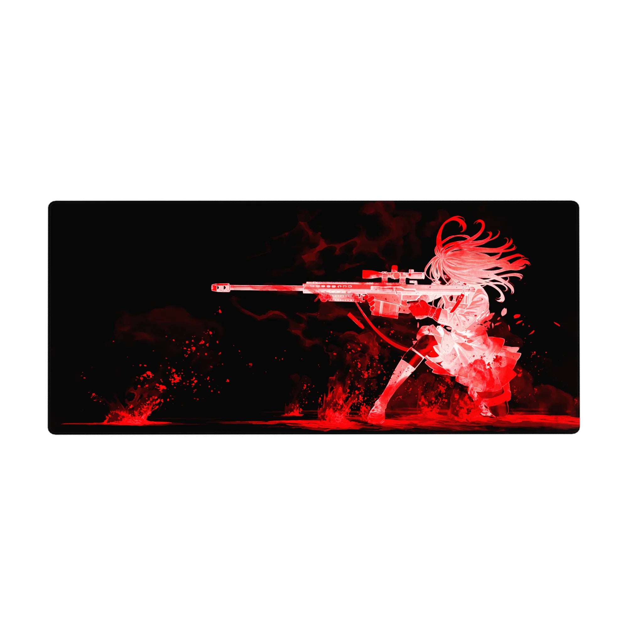 Anime girl desk pad 36x16 inches with kneeling sniper silhouette, bold line art on black backdrop.