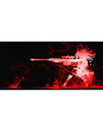 Anime girl desk pad 36x16 inches with kneeling sniper silhouette, bold line art on black backdrop.