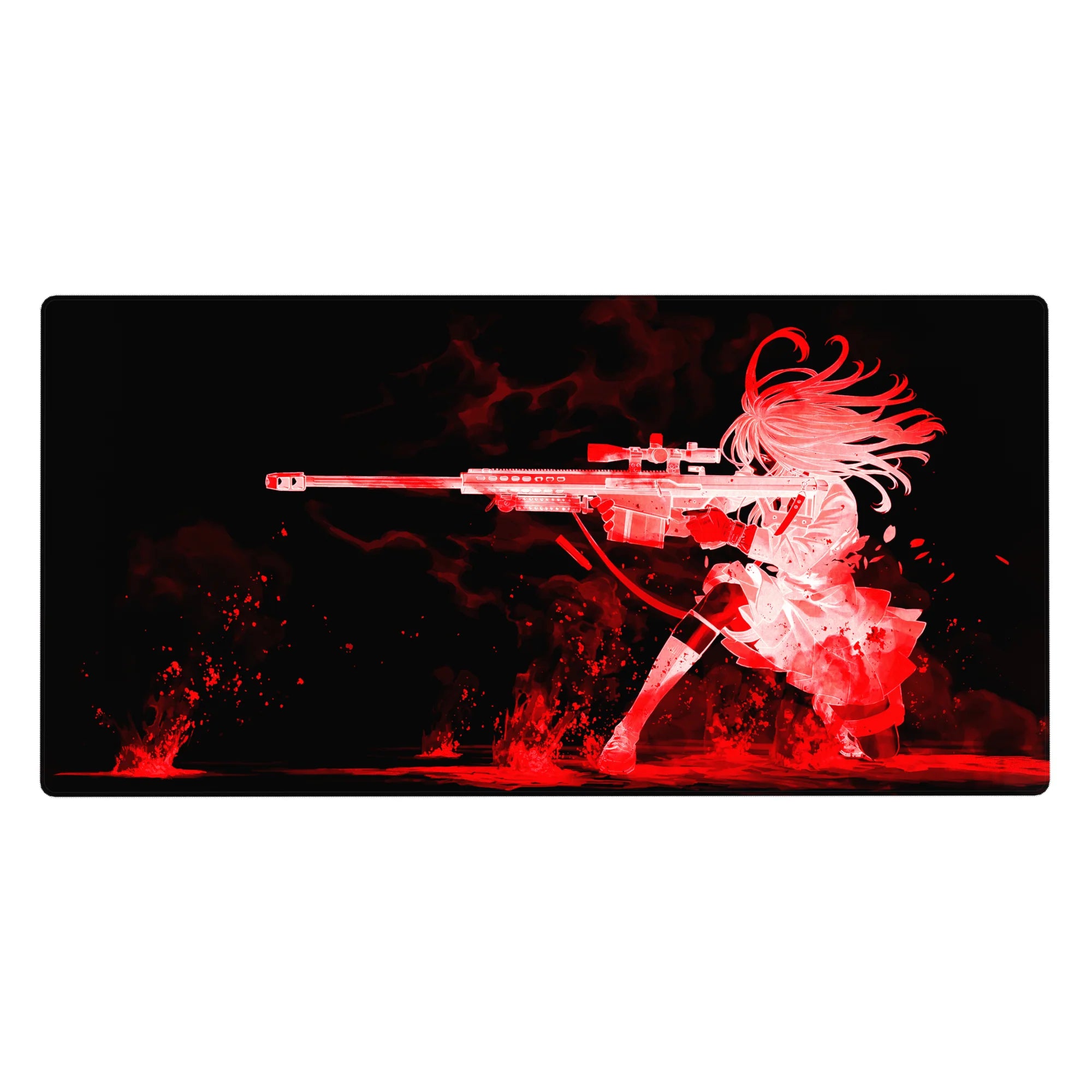 40x20 inches anime girl desk pad with kneeling sniper silhouette, bold red accents on black backdrop.