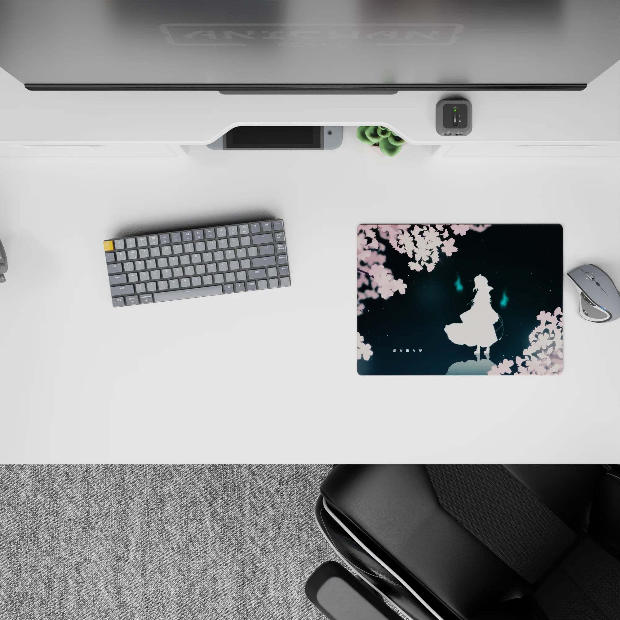 Dreamy teal and pink anime mouse pad 14x10 inches with clean negative space and soft haunting glow.