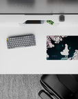 Dreamy teal and pink anime mouse pad 14x10 inches with clean negative space and soft haunting glow.