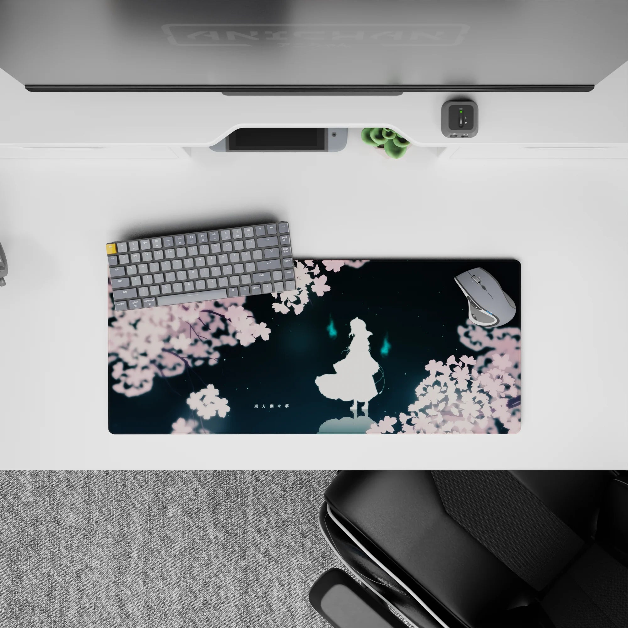 28x12 inches anime mouse pad in deep teal and soft pink, dreamy late-night vibe with glowing cyan accents.