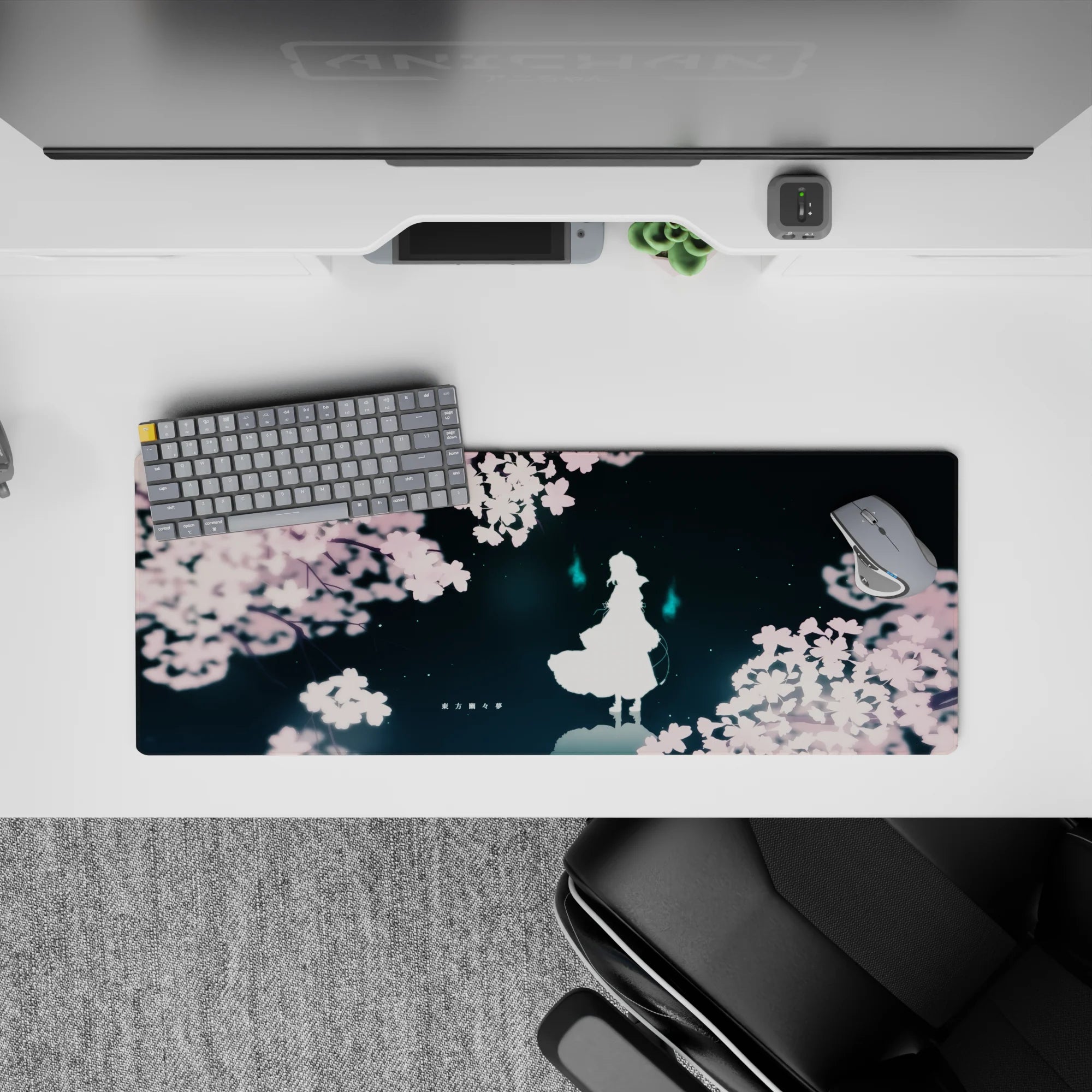 32x12 inches anime desk mat in deep teal, soft pink sakura, and cyan spirit flames, calm night mood.